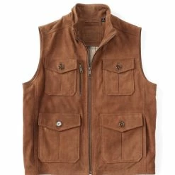 Promo 🥰 Roundtree & Yorke Cownubuck Stand Collar Sleeveless Vest Cognac 💯