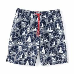 Best deal 🔔 Roundtree & Yorke Sailboat Print 8#double; Inseam Swim Trunks Navy 👏